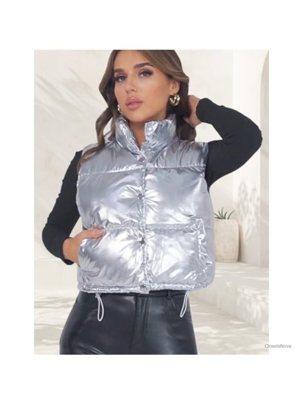 Y2K Metallic Shiny Crop Puffer Vest Quilted Gilet - Picture 4 of 6